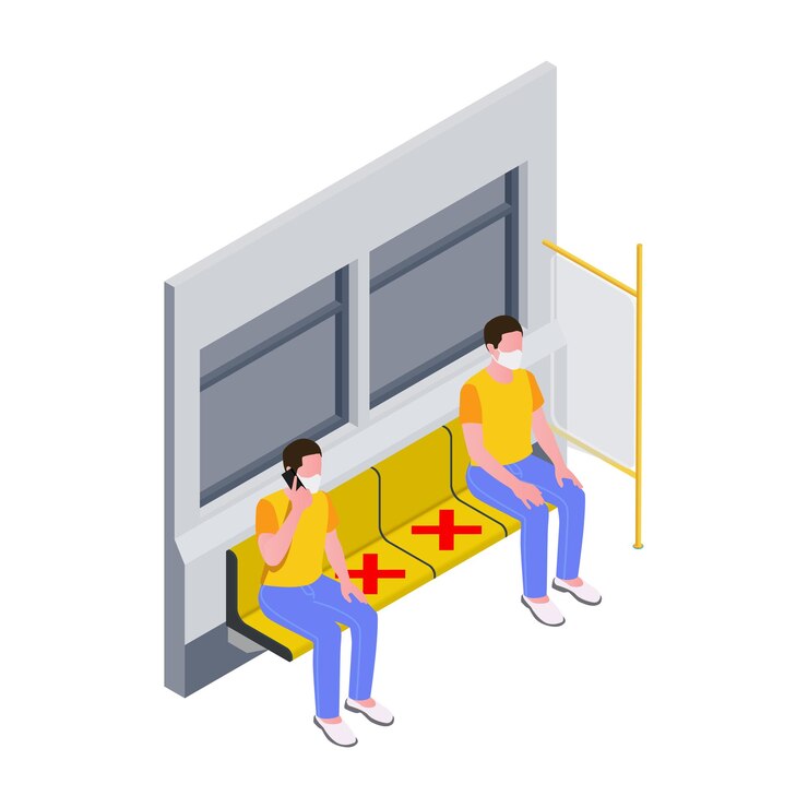 Vector isometric illustration with people keeping social distance in subway 3d