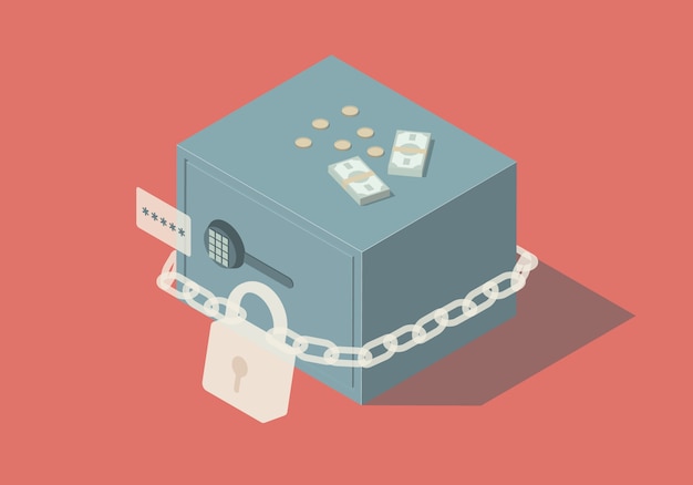 Vector isometric illustration with safe, chain and money.