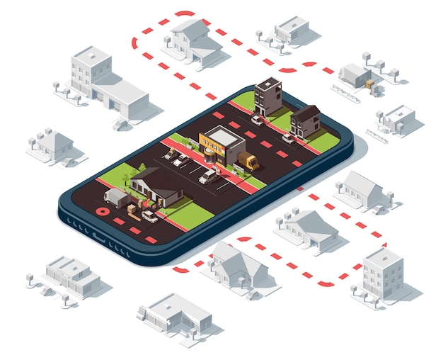 Isometric illustration with smartphone, delivery and order tracking.