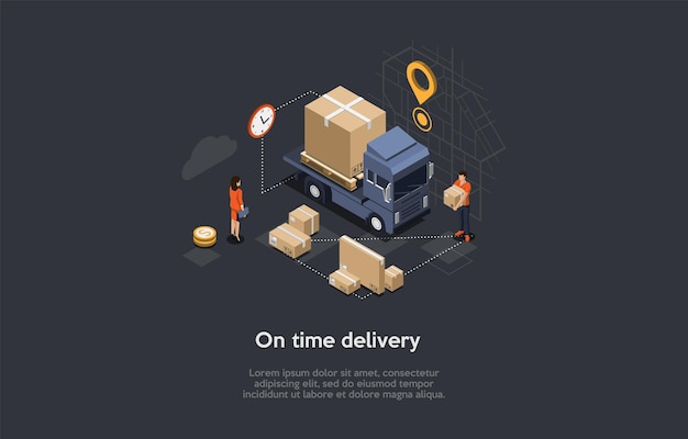 Isometric illustration with writing and characters. vector composition in cartoon 3d style on time delivery, internet order arrival, goods transportation service concept. truck with parcels, worker.