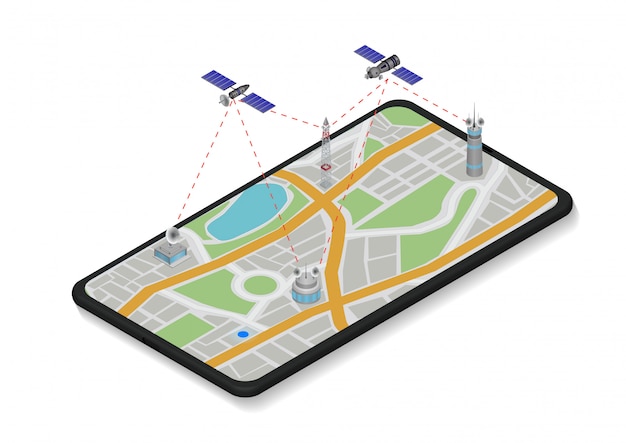 Isometric illustrations of communication satellite working