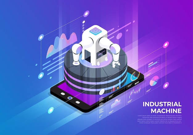 Isometric illustrations design concept mobile technology solution on top with robotic industrial machine