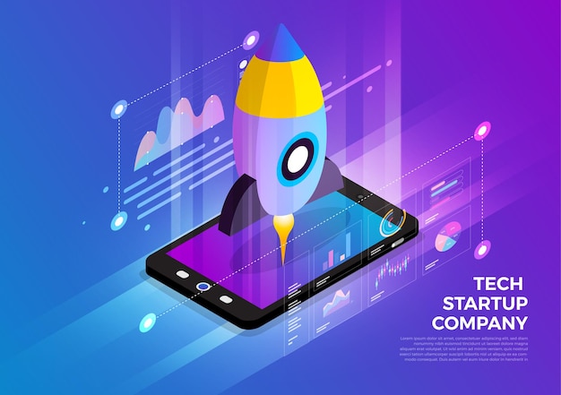 Isometric illustrations design concept mobile technology solution on top with startup company