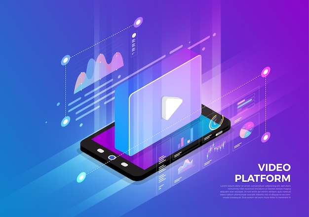 Isometric illustrations design concept mobile technology solution on top with video platform