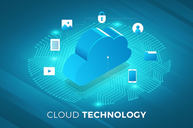 Soluzione tecnologica per il concetto di design di illustrazioni isometriche in cima al servizio cloud