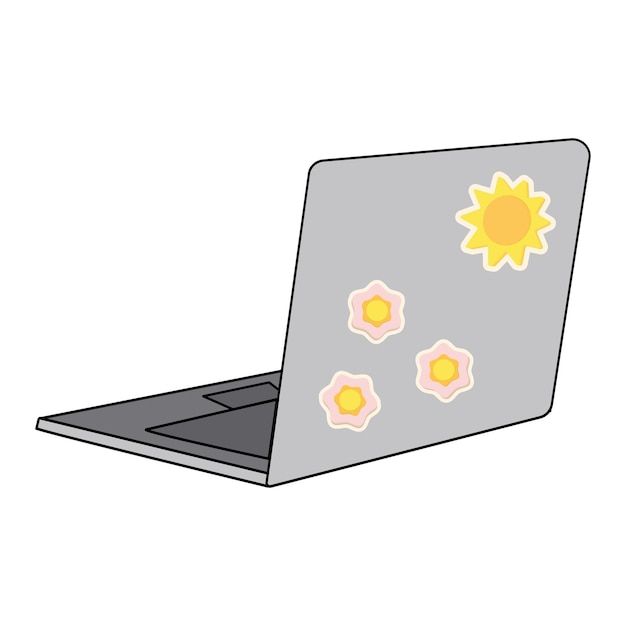 벡터 태양과 꽃 스티커 아이콘의 표지에 밝은 스티커가 있는 노트북의 아이소메트릭 이미지