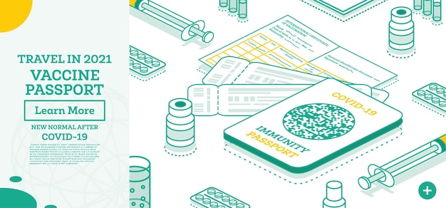Isometric immunity passport with tickets and international certificate of vaccination coronavirus covid19