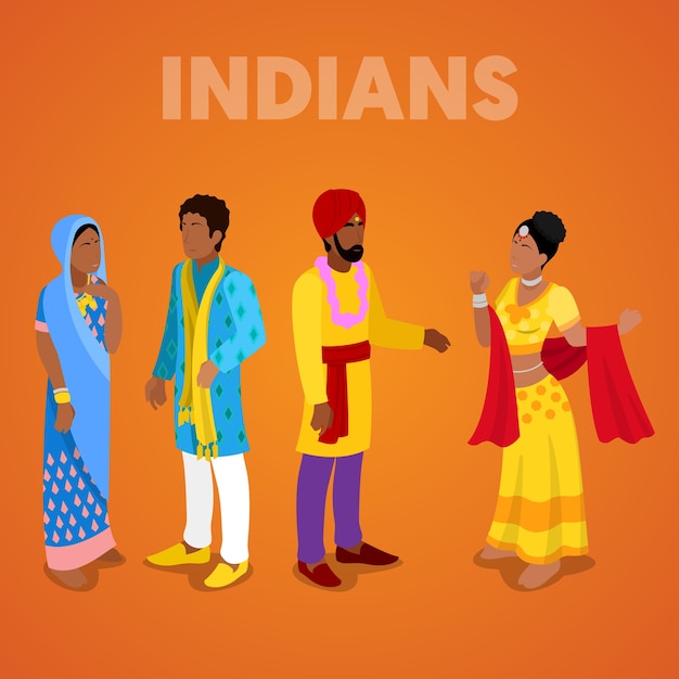 Vector isometric indian people in traditional clothes. vector 3d flat illustration