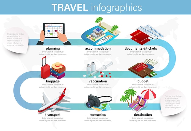 휴가 계획, 비즈니스 여행, 웹 사이트, 프레젠테이션, 광고 등의 아이소메트릭 인포그래픽 개념. 여행 인포그래픽 가이드를 계획합니다. 휴가 예약 개념입니다.