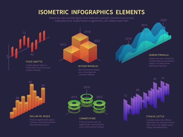 Infografica isometrica. grafica di presentazione, strato di dati statistici, grafico di crescita e diagramma finanziario. vector infografica digitale