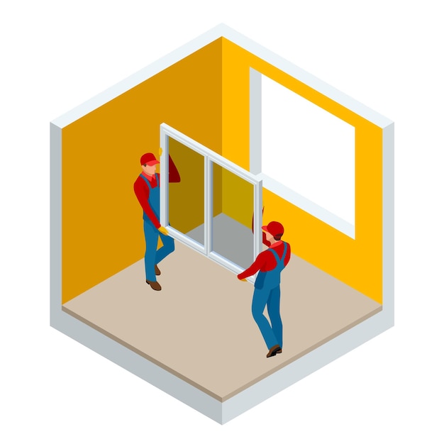 Vector isometric installation of windows in the house or apartment concept. two workers in blue work clothes set a new window in the window frame. construction building industry, new home vector illustration