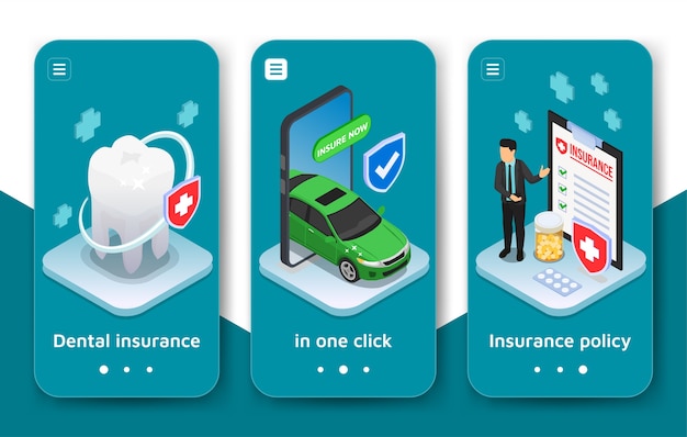 Isometric insurance app design template collection with steps