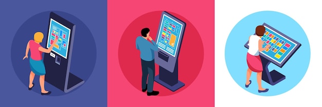 Vector isometric interactive users using touchscreen illustration