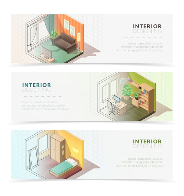 Vector isometric interior furniture banners. set of three horizontal banners with isometric residential interior rooms on white background with blending shadows