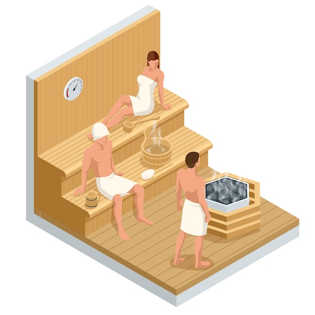 Вектор Изометрический интерьер деревянной финской сауны и людей, спа, релаксация и здоровье