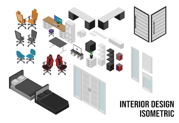 Vector isometric interior for office and bed room