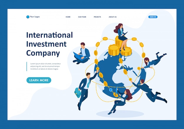 Vector isometric international investment company, businessmen fly around the world