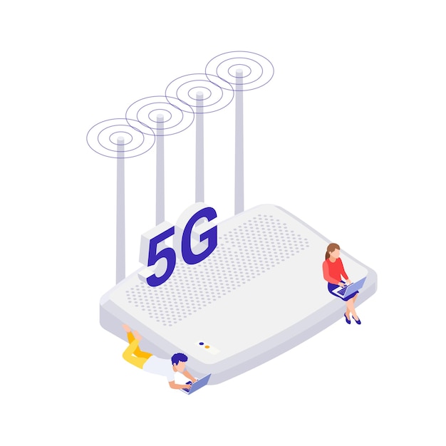 Icona isometrica della tecnologia internet 5g con router e persone con laptop su sfondo bianco illustrazione vettoriale