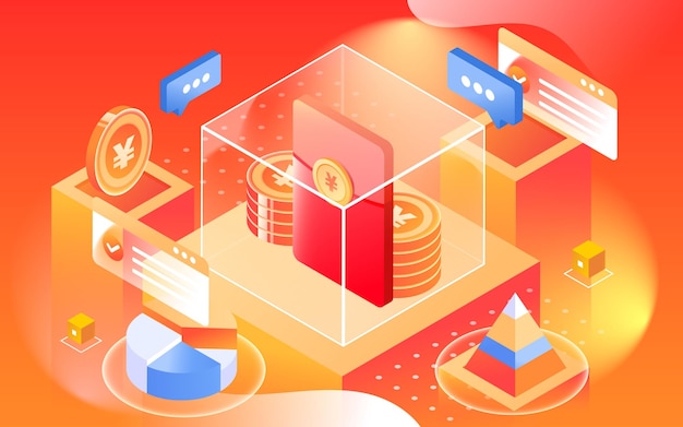 Isometric internet finance with various gold coins and people in the background, vector illustration