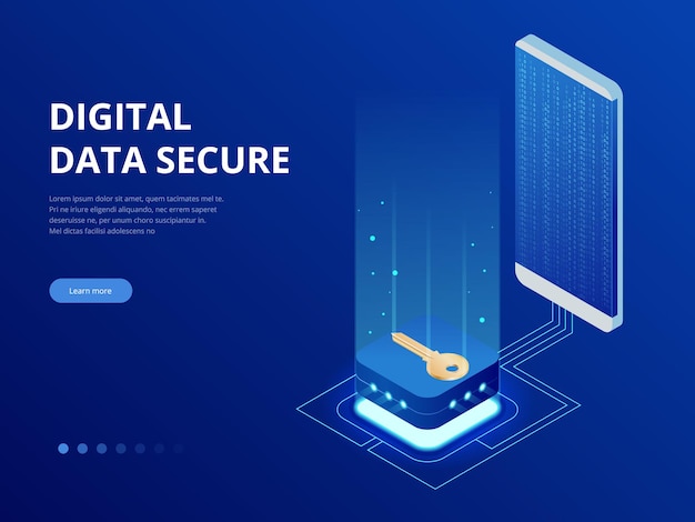 Isometric internet security lock transferring data from a smartphone to database concept. Hacking smartphone user database. Internet security shield business.