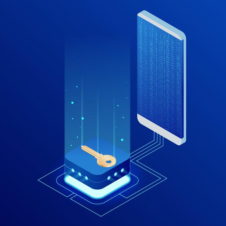 Vector 스마트폰에서 데이터베이스 개념으로 데이터를 전송하는 아이소메트릭 인터넷 보안 잠금. 스마트폰 사용자 데이터베이스 해킹. 인터넷 보안 방패 사업.