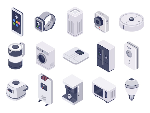 Vector isometric internet of things devices. smart watch, household appliances and wireless controlled microwave  illustration set