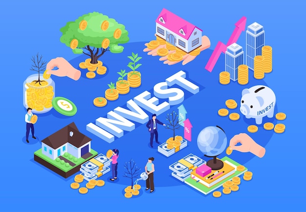 Vector isometric investment isolated composition with piggy banks coins money tree icons and human characters with text vector illustration