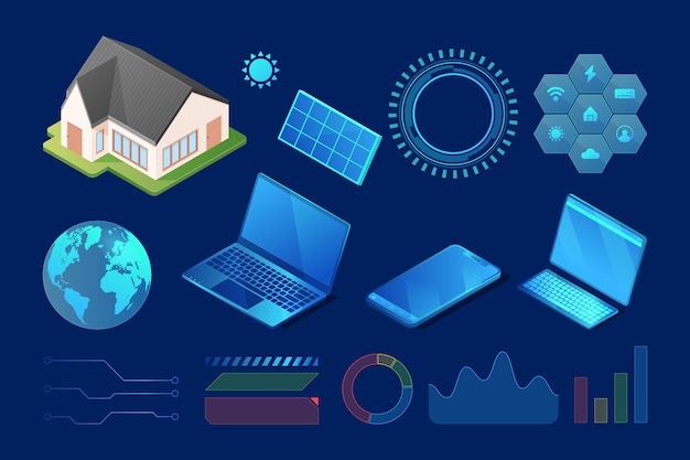 Vector isometric iot element set collection with devices and house