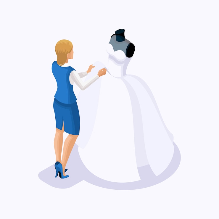 Vector isometric is a set of tailors sewing wedding dresses, a client on a fitting dress. sewing the best and luxurious wedding dress in the atelier set 2