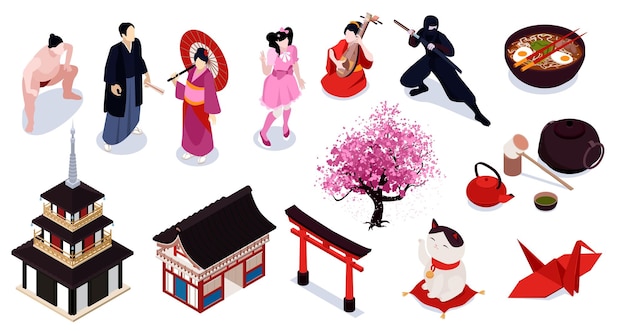 Isometric isolated japan icon set with traditional wear food style and architecture vector illustration