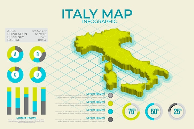 ベクトル 等尺性イタリア地図インフォグラフィック