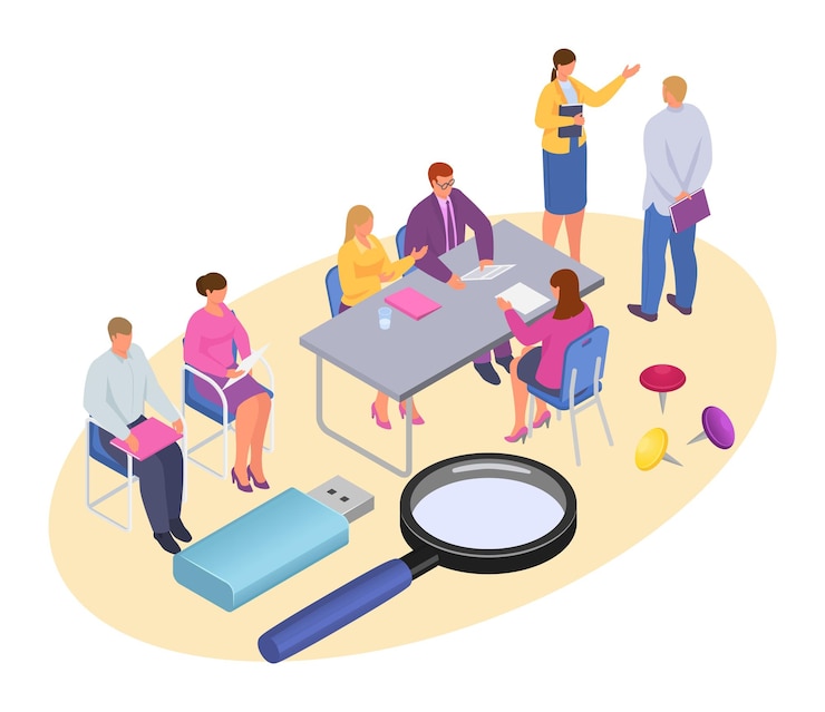 Vector isometric job recruitment concept vector illustration man woman people character make interview with employee hr team work for cartoon company