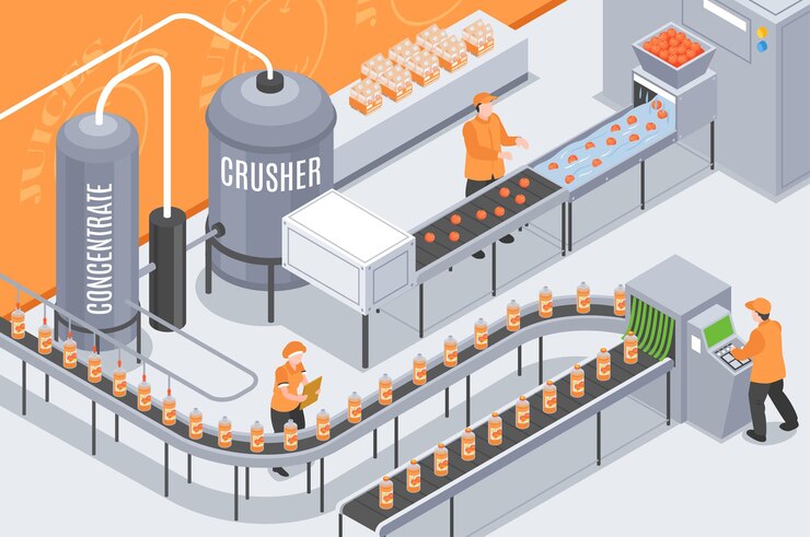 Vector isometric juice production composition with indoor view of plant department with conveyor line workers and bottles illustration