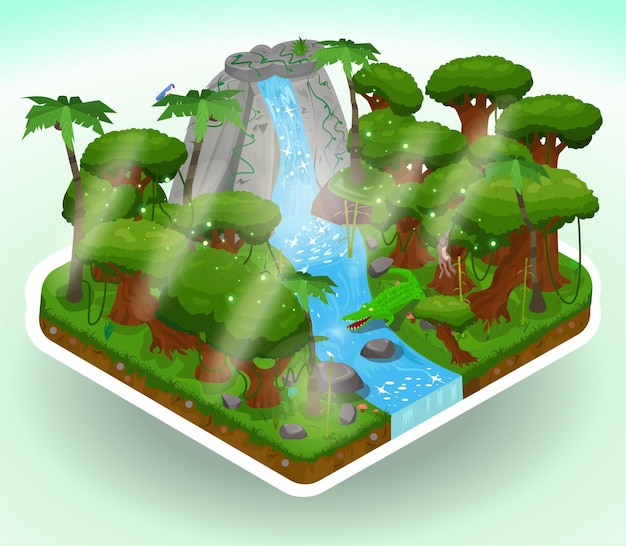 Vector isometric jungle landscape isometric tropical rainforest vector illustration