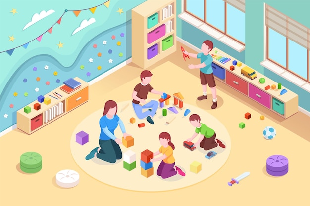 Изометрическая комната детского сада с играющими детьми детей в дошкольном классе с учителями мальчиков и