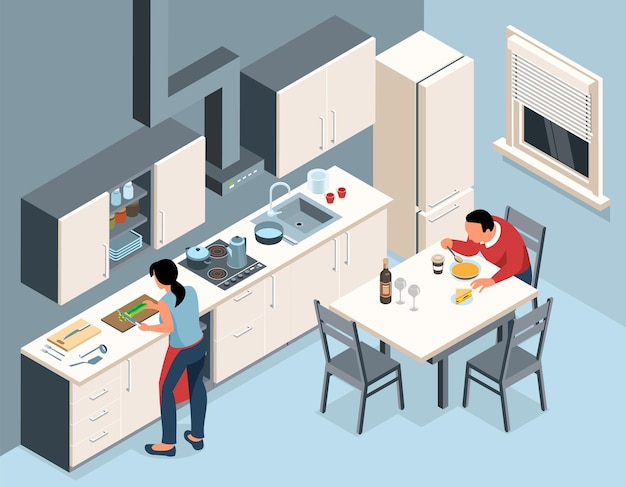 Vector isometric kitchen interior composition with people and modern kitchen scenery with cooking woman and eating man vector illustration