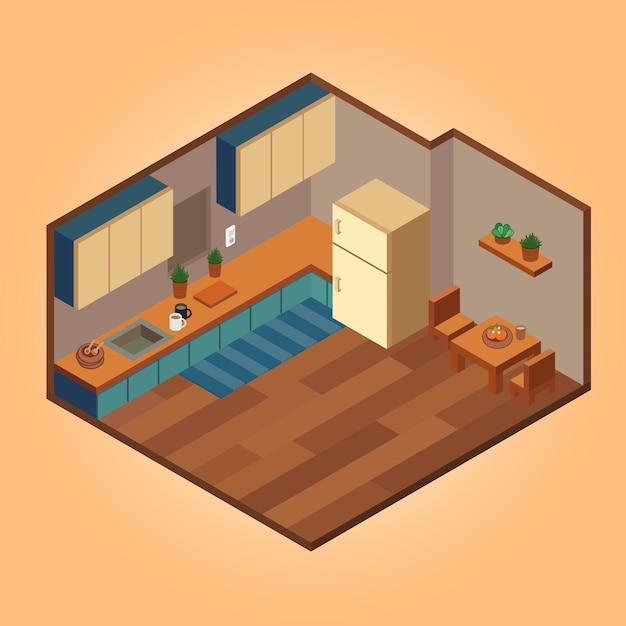 Isometric Kitchen Room in Vector Illustration with Interior Decoration