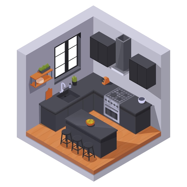 Vector isometric kitchen with furniture and accessories vector illustration