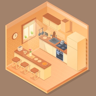 Cucina isometrica con mobili, illustrazione vettoriale
