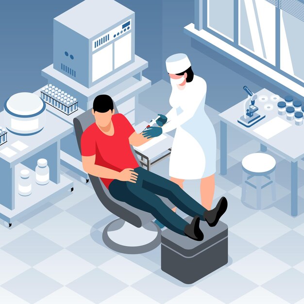 Vector isometric laboratory diagnostic composition of indoor scenery with lab equipment and patient with physician making injection