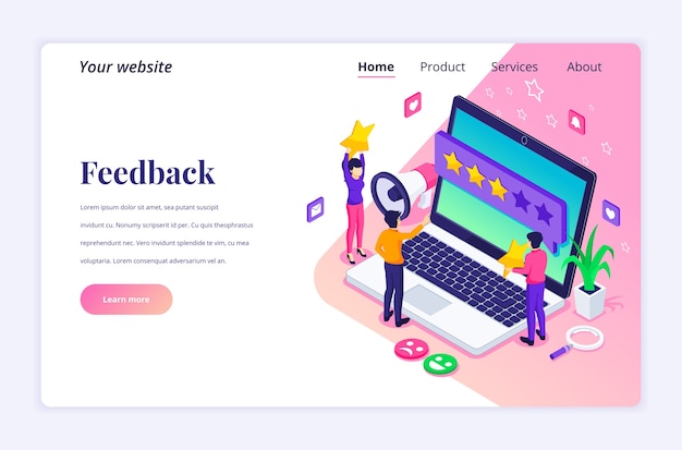 Isometric landing page  concept of Customer reviews, People near big laptop giving feedback