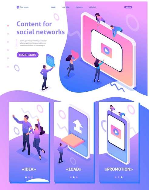 Isometric Landing page creation for social networks video development and promotion Adaptive 3D