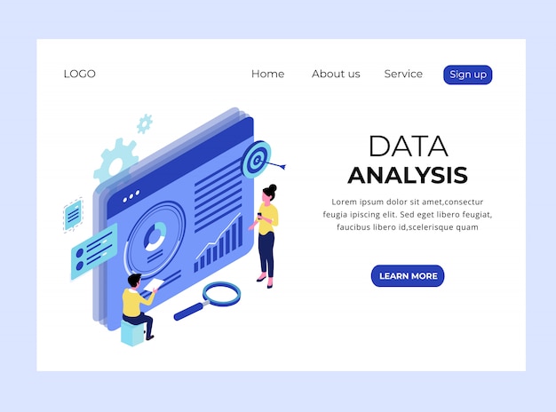 Isometric landing page of data analysis