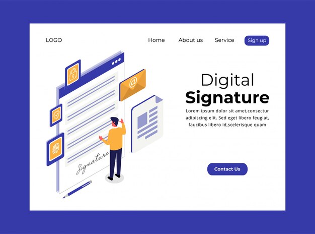 Vector isometric landing page of digital signature