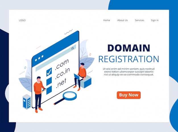 Vector isometric landing page of domain registration