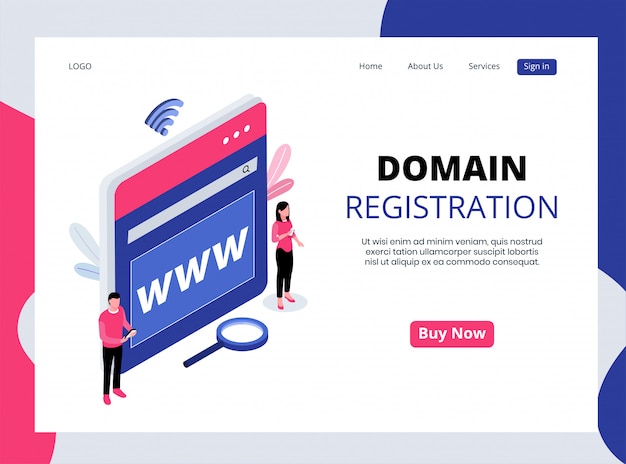 Isometric landing page of domain registration