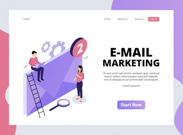 Isometric landing page of e-mail marketing