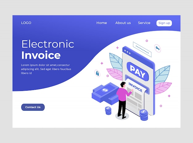 isometric landing page of electronic invoice