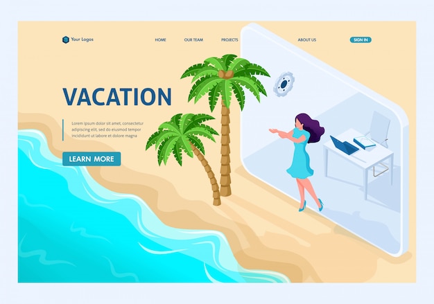 Isometric landing page of girl goes from office to vacation via tablet.