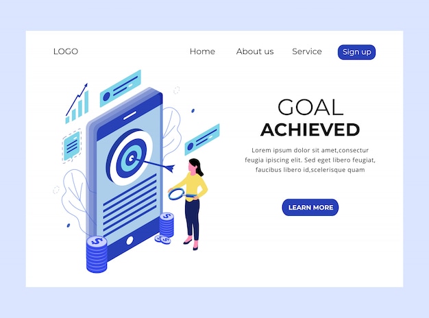 Isometric Landing Page of Goal Achieved